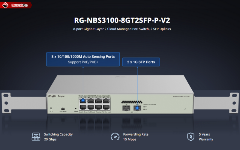 Switch Ruijie Reyee PoE 8 Port RG-NBS3100-8GT2SFP-P-V2