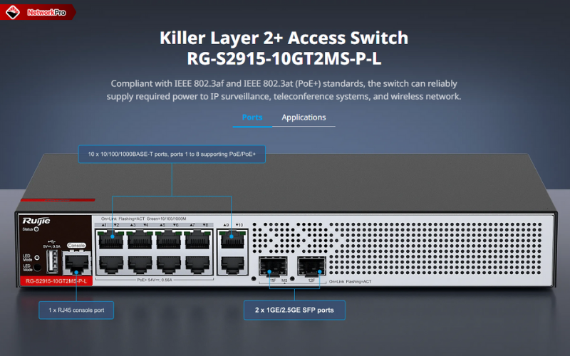 Switch Ruijie Reyee PoE 8 Port RG-S2915-10GT2MS-P-L