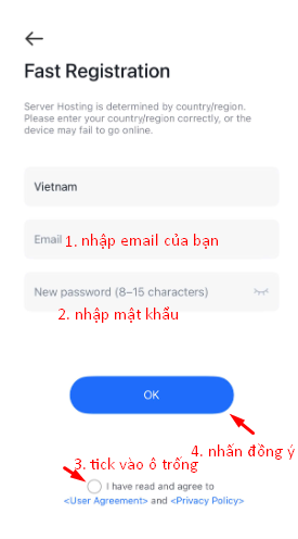 Nhập email và tạo tài khoản 